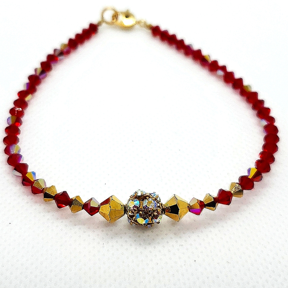 Ankle Bracelet Made of Swarovski Crystals Red, Gold and Iridescent Size 9'